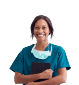 Doctor with arms over chest holding clipboard